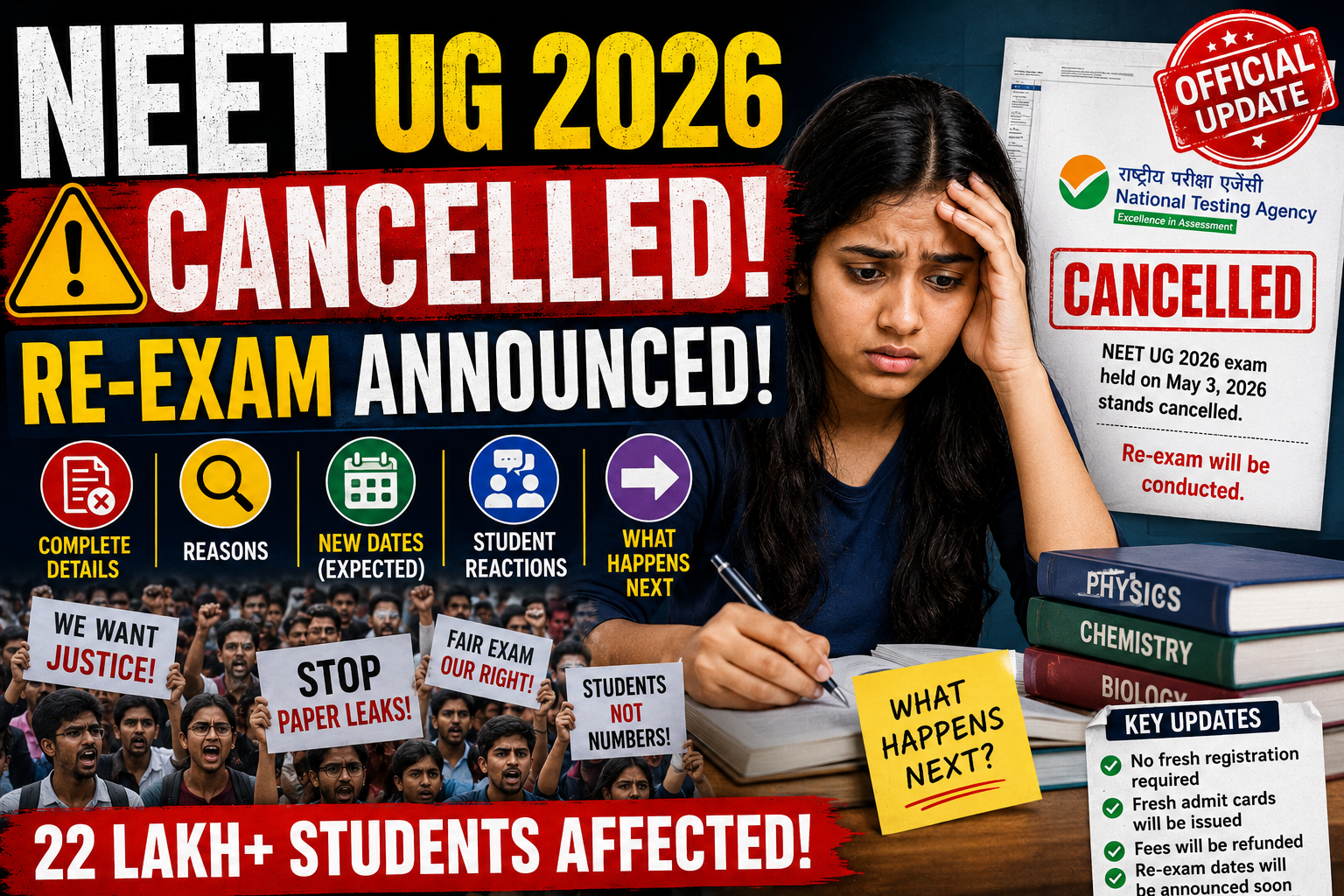 NEET UG 2026 Cancelled and Re-Exam Announced: Complete Details, Reasons, New Dates, Student Reactions & What Happens Next
